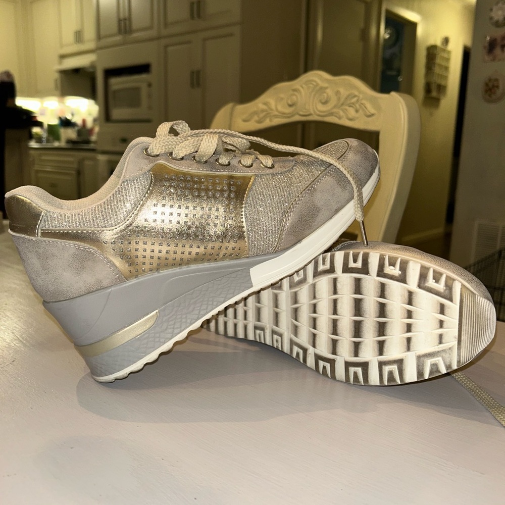 Gold and silver wedge heeled sneakers
